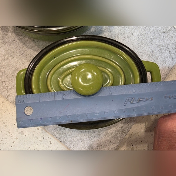 Vintage avocado green stoneware mini covered casserole dish. Set Of 2, Like New. - Picture 8 of 13